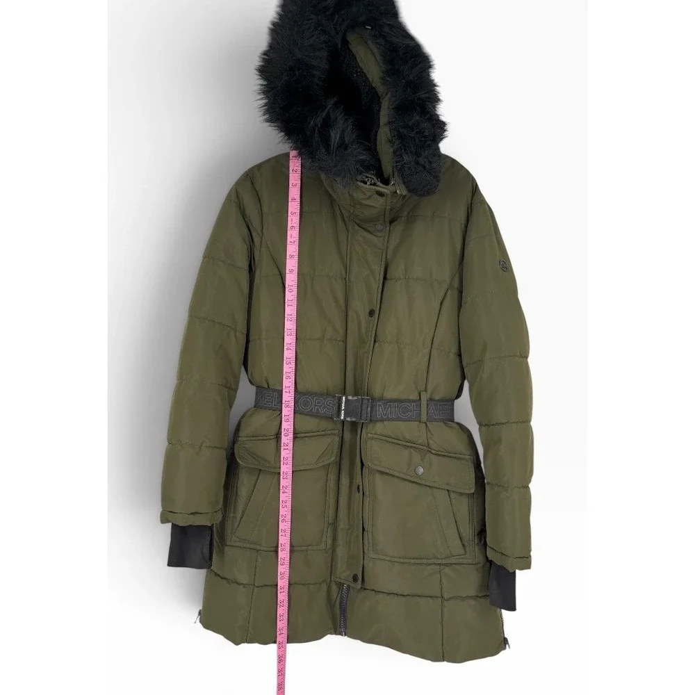 Michael Kors Puffer Parka Women Large Olive Green Belted Faux Fur Hood
